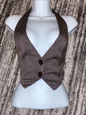 Y2K Fresh Brewed tie back halter vest, pinstripe, brown size large